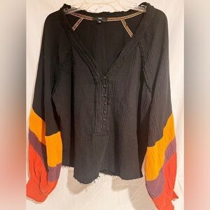 Fate Boho Black Gauze Long Balloon Sleeve Top Size Large